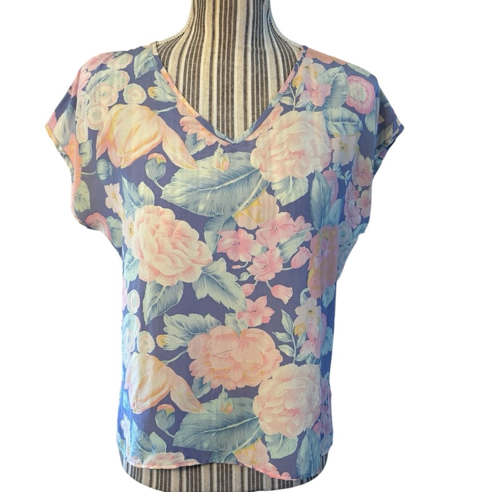 Vintage 100% Silk Top Medium Jonathan Martin Pastel Floral V-Neck Blouse Pink